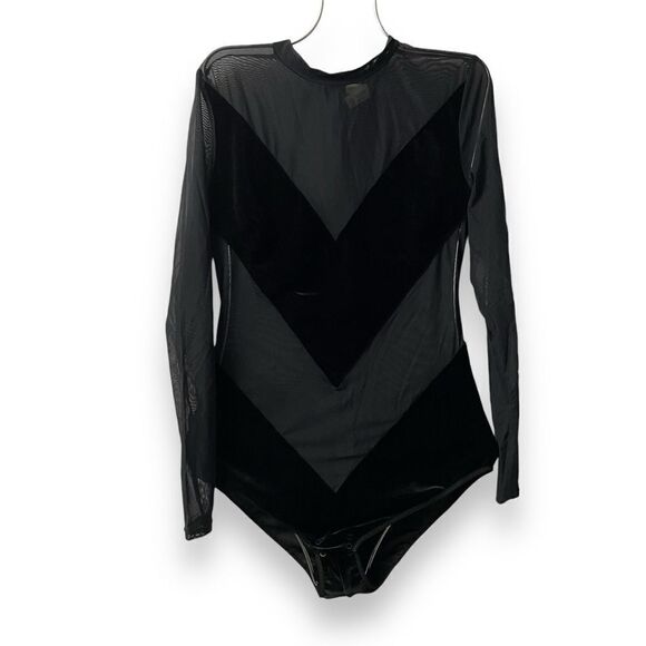 Undress Code Tops - Undress Code Sheer and Velvet Long Sleeve Black Bodysuit Chevron Large